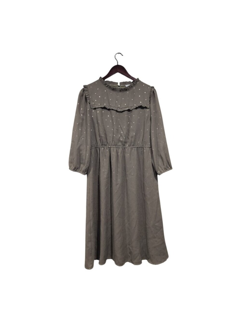 Baltic Born Womens Ruffle Neckline Sage Green Gold Dots Dress Lined Peasant Sz L
